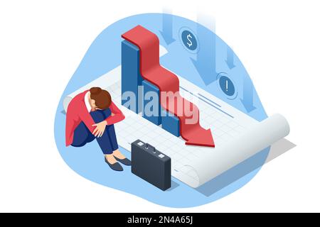Concetto isometrico di tendenza freccia al ribasso di declino di affari, fallimento, fallimento, cattiva riduzione di economia, recessione di bilancio, Crisi finanziaria, mercato Illustrazione Vettoriale