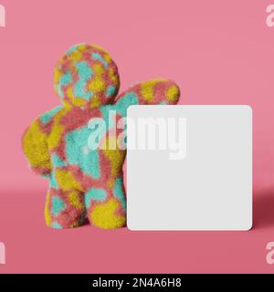 Carino peluche arcobaleno Yeti carta bianca mockup 3D rendering su sfondo rosa. Bigfoot a pelliccia colorata senza volto. Moderno creativo minimalista negozio vacanza sa Foto Stock