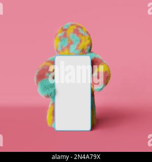 Carino peluche arcobaleno Yeti smartphone mockup 3D rendering sfondo rosa. Bigfoot a pelliccia colorata senza volto. Vendita moderna e creativa per le vacanze in negozio minimalista Foto Stock