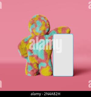 Carino peluche arcobaleno Yeti smartphone mockup 3D rendering sfondo rosa. Bigfoot a pelliccia colorata senza volto. Vendita moderna e creativa per le vacanze in negozio minimalista Foto Stock