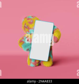 Carino peluche arcobaleno Yeti smartphone mockup 3D rendering sfondo rosa. Bigfoot a pelliccia colorata senza volto. Vendita moderna e creativa per le vacanze in negozio minimalista Foto Stock