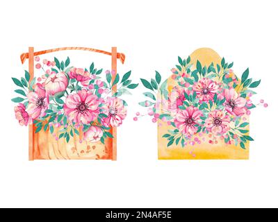 Acquerello Set di composizioni floreali in scatole per la progettazione di cartoline, imballaggi, etichette, siti web, applicazioni, ecc. Foto Stock