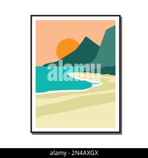 Sunset Beach poster minimo natura paesaggio mare disegno illustrazione per t shirt stampa, parete arte, poster, ecc Illustrazione Vettoriale