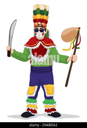 Abbigliamento da ballerino del Congo per il Carnevale di Barranquilla: Trucco bianco con guance rosse, cappello con fiori, occhiali da sole, camicia a maniche lunghe, pantaloni, reggisella Illustrazione Vettoriale