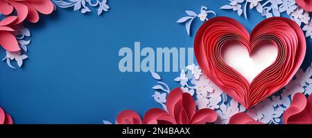 Cuore rosso su sfondo blu, San Valentino Card, spazio copia, vista dall'alto Foto Stock