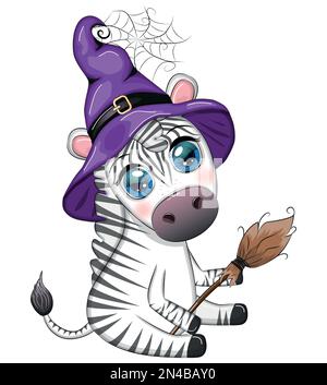 Zebra carina in cappello di strega, con scopa, jack di zucca, pozione magica. Poster, scheda, etichetta e decorazione per Halloween party. Trucco o trattare Illustrazione Vettoriale