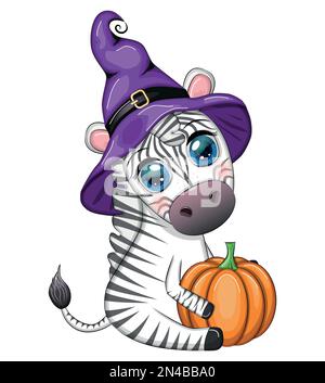 Zebra carina in cappello di strega, con scopa, jack di zucca, pozione magica. Poster, scheda, etichetta e decorazione per Halloween party. Trucco o trattare Illustrazione Vettoriale