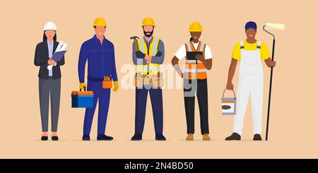 Servizi di riparazione e costruzione a casa: Architetto e appaltatori in piedi insieme Illustrazione Vettoriale