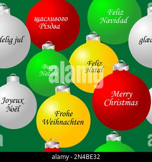Palle di Natale colorate con il messaggio buon Natale in diverse lingue Illustrazione Vettoriale