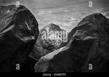 Un colpo in scala di grigi di rocce in spiaggia. Foto Stock