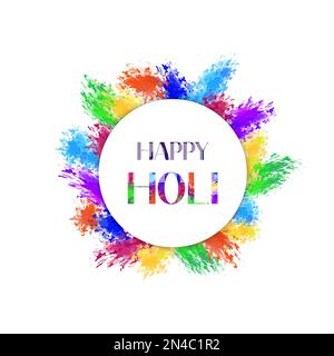 Carta Happy Holi. Festival tradizionale dei colori nella cultura indiana. Illustrazione vettoriale colorata di parole felice Santo e spruzzi vibranti. Illustrazione Vettoriale