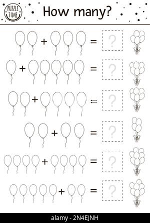 Gioco di conteggio di compleanno con palloncini colorati. Attività di vacanza per bambini in età prescolare. Foglio di lavoro per la matematica stampabile con traditio Illustrazione Vettoriale