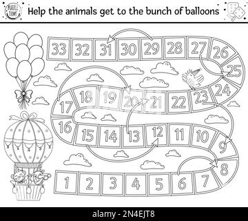 Compleanno gioco da tavolo bianco e nero per bambini con animali carini in mongolfiera. Linee didattiche per il gioco del consiglio di amministrazione delle vacanze con nuvole, arcobaleni e. Illustrazione Vettoriale