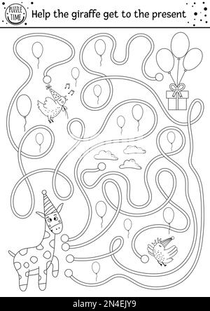 Compleanno bianco e nero labirinto per i bambini. Descrizione delle vacanze attività educative stampabile prescolare. Divertente linea b-giorno party gioco o puzzle con carino Illustrazione Vettoriale