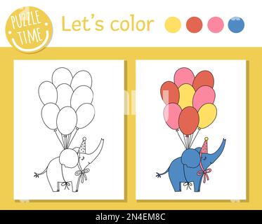 Compleanno pagina da colorare per i bambini. Divertente elefante in cappello da festa che vola su un mazzo di palloncini. Illustrazione vettoriale di contorno di festa con animale carino. PA Illustrazione Vettoriale