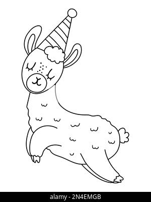 Vector carino lama in bianco e nero in cappello di compleanno. Divertente animale b-day per cartellone, poster, stampa. Illustrare l'illustrazione delle vacanze per i bambini. Allegro Illustrazione Vettoriale