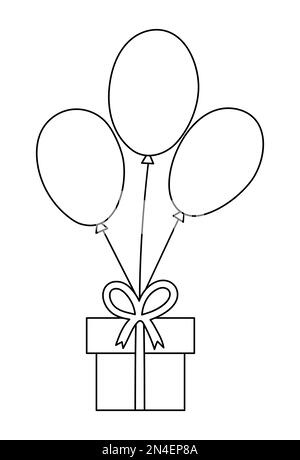 Carino vettore bianco e nero presente volando su un mazzo di palloncini. Illustrazione divertente della scatola del regalo di compleanno di contorno per la scheda, il poster, il disegno stampato. Vacanza Illustrazione Vettoriale