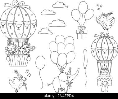 Set Vector bianco e nero con palloncini ad aria calda, animali carini, uccelli e nuvole. Adorabile contorno personaggi volanti pack. Divertente festa di compleanno Clipar Illustrazione Vettoriale