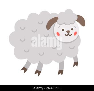 Icona Vector Sheep. Simpatico animale da fattoria sorridente isolato su sfondo bianco. Adorabile illustrazione di pecora per i bambini. Divertente personaggio primaverile. Illustrazione Vettoriale