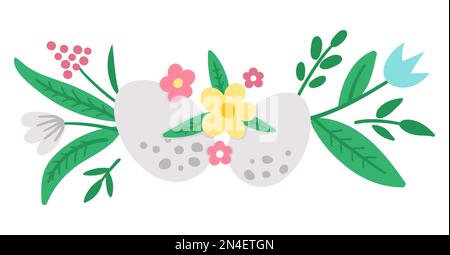 Elemento decorativo orizzontale Vector Easter. Bella composizione luminosa con uova, piante e foglie. Icona della molla. Disegno floreale di festa con primo fiore Illustrazione Vettoriale