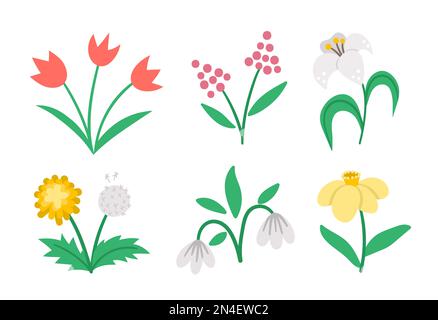 Vettore carino primavera fiori fiori set icone. Prima illustrazione di piante di fioritura. Collezione d'arte con clip floreale. Tulipani, dente di leone, nevicate, narcisi, lil Illustrazione Vettoriale