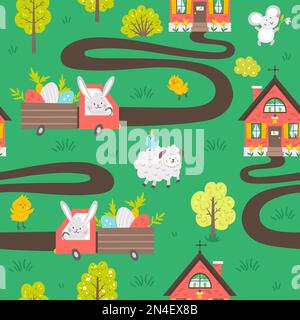 Vector Easter modello senza cuciture con coniglietto che guida l'auto con uova e carote a casa di campagna. Giardino ripetizione scena di sfondo con animali carini. Illustrazione Vettoriale