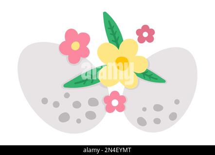 Elemento decorativo orizzontale Vector Easter. Bella composizione luminosa con uova, piante e foglie. Icona della molla. Disegno floreale di festa con primo fiore Illustrazione Vettoriale
