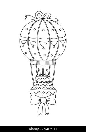 Dolce vettoriale bianco e nero carino con candele che volano su palloncino ad aria calda con prua. Clipart per dessert di compleanno per cartellone, poster, stampa. Vacanza male Illustrazione Vettoriale