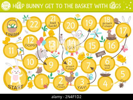 Gioco da tavolo a dadi di Pasqua per bambini con coniglietto carino e cestino con uova. Gioco di boardgame per vacanze educative con simboli tradizionali. Primavera educativa A. Illustrazione Vettoriale