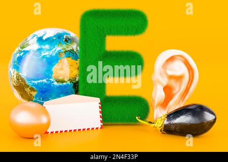 Soffice lettera e con uovo, globo terrestre, busta, melanzana, orecchio. Kids ABC, rendering 3D su sfondo arancione Foto Stock