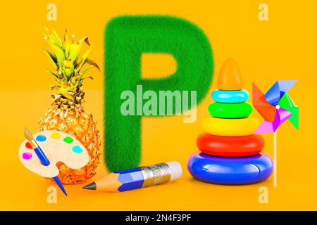 Soffice lettera P con matita, pinwheel, piramide giocattolo, pennello, ananas, Rendering 3D su sfondo arancione Foto Stock