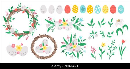 Set di elementi decorativi Vector Easter. Progettare composizioni con uova, piante e foglie. Collezione di icone di primavera. Cestino di festa, corona floreale, in primo luogo Illustrazione Vettoriale