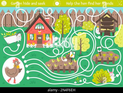 Labirinto pasquale per bambini. Giardino nascondere e cercare. Attività formativa stampabile per le vacanze in età prescolare. Divertente gioco di primavera o puzzle con animali carini. Guida Illustrazione Vettoriale