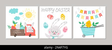 Carino insieme di carte di Pasqua quadrate con coniglio, uova colorate, carino ruota con pulcino. Modelli di disegno con stampa a molla vettoriale. Stagione di festa religiosa Illustrazione Vettoriale