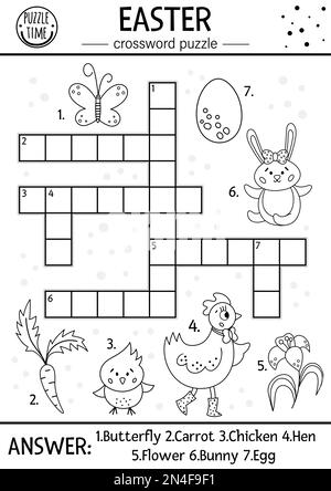 Puzzle di Pasqua in bianco e nero vettoriale per bambini. Semplice quiz primaverile con oggetti di vacanza e animali per bambini. Pagina di attività o colorazione w Illustrazione Vettoriale