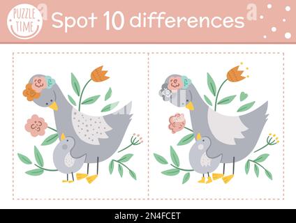Il giorno delle madri trova le differenze gioco per i bambini. Vacanza attività educativa con divertente oca bambino e sua madre. Foglio di lavoro stampabile con carino chara Illustrazione Vettoriale