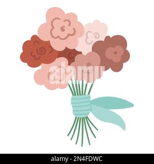 Bouquet vettoriale primaverile o estivo isolato su sfondo bianco. Bella illustrazione piatta con fiori di rosa legato con un arco blu. Decorativo floreale el Illustrazione Vettoriale