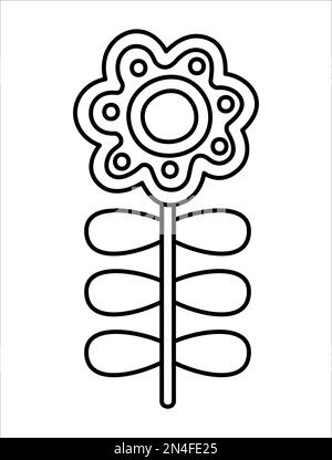 Vettore nero e bianco fiore d'arte folk isolato su sfondo bianco. Elemento decorativo in stile scandinavo floreale. Bella primavera o estate contorno Illustrazione Vettoriale