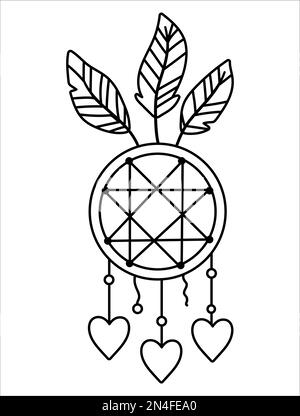 Boho dreamcatcher Vector bianco e nero con pendenti e piume. Icona della linea bohémien isolata su sfondo bianco. Illustrazione del contorno celeste. Illustrazione Vettoriale