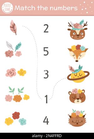 Mamme giorno partita con carino boho animali e la decorazione della testa. Vacanza di matematica attività per bambini prescolare con fiori. Conteggio stampabile WO Illustrazione Vettoriale
