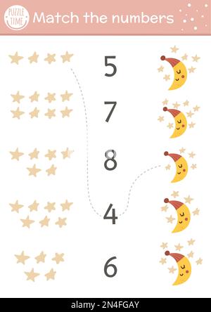 Gioco di abbinamento del giorno delle madri con la luna crescente e le stelle. Vacanza matematica buona attività notturna per i bambini prescolare. Calcolo formativo stampabile Worksh Illustrazione Vettoriale