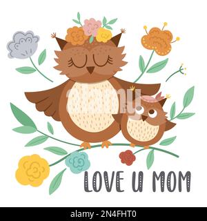 Carta Vector Mothers Day con carino animale boho. Design pre-fatto con cucciolo in legno con madre. Poster in stile bohémien con famiglia di gufi e fiori Illustrazione Vettoriale