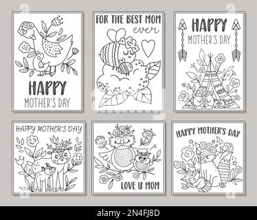 Collezione di carte vettoriali in bianco e nero Mothers Day con carini boho animali. Disegni prefabbricati o pagine da colorare con insetti e uccelli del bambino del bosco Illustrazione Vettoriale