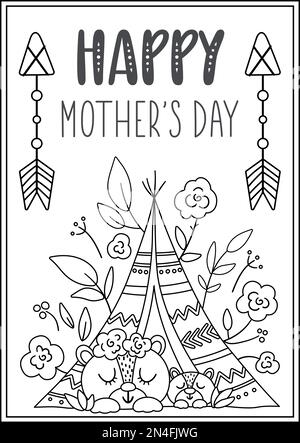 Carta vettore in bianco e nero Mothers Day con carino animale boho. Pagina di disegno o colorazione prefabbricata con cucciolo e madre in legno. Linea di stile bohémien Illustrazione Vettoriale
