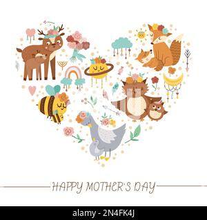 Cornice a forma di cuore vettoriale con elementi Mothers Day. Concetto di amore per la famiglia. Progettazione di banner, poster, inviti. Carino stile boho vacanza carta templ Illustrazione Vettoriale