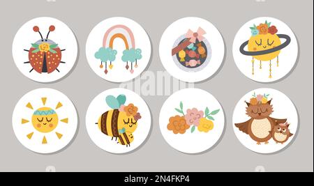 Carino set di rotonda Mothers giorno evidenziare icone o disegni di carte con gli animali carini, dolci, fiori. Design del distintivo o della spilla a molla Vector isolato o Illustrazione Vettoriale