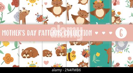 Collezione di pattern Vector senza cuciture con simpatici cuccioli e genitori boho. Divertente woodland animale ripetizione sfondi set. Documento digitale della Giornata della mamma Illustrazione Vettoriale