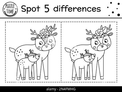 Il giorno delle madri trova le differenze gioco per i bambini con gli animali carini. Festa in bianco e nero attività e colorazione pagina con capriolo e madre. Molla Illustrazione Vettoriale