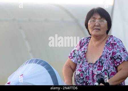 Donna anziana stanca Yakut porta un passeggino con un bambino sullo sfondo di serre. Foto Stock