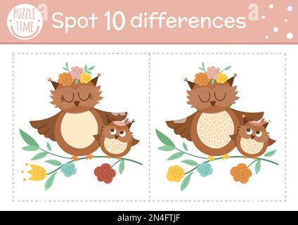 Il giorno delle madri trova le differenze gioco per i bambini. Vacanza attività educativa con divertente gufo bambino e sua madre. Foglio di lavoro stampabile con carino charact Illustrazione Vettoriale